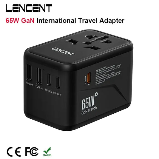 LENCENT 65W/100W GaN International Travel Adapter: 2 USB 3 Type C GaN Fast Charging Adapter with EU AU US UK Plug - Ideal for Travel