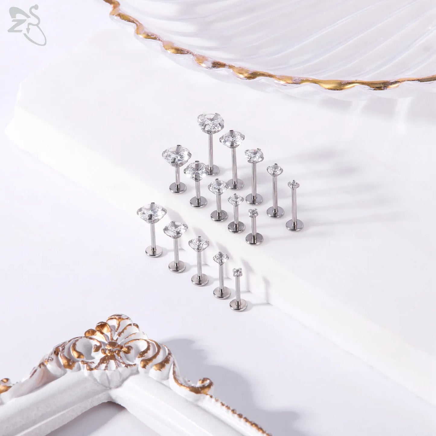 AOEDEJ 10PCS Gold Stainless Steel Labret Lip Studs – 16/18G CZ Crystal Helix, Cartilage & Tragus Piercings (2–6mm)