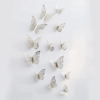 12PCS Metal-Inspired 3D Hollow Paper Butterfly Decorations – Party, Wedding, Birthday & Festival Wall Stickers
