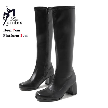 Women’s 7cm Retro Gogo Boots - 60s 70s Knee-High Square Heel Party Boots with Zip Size 44-45
