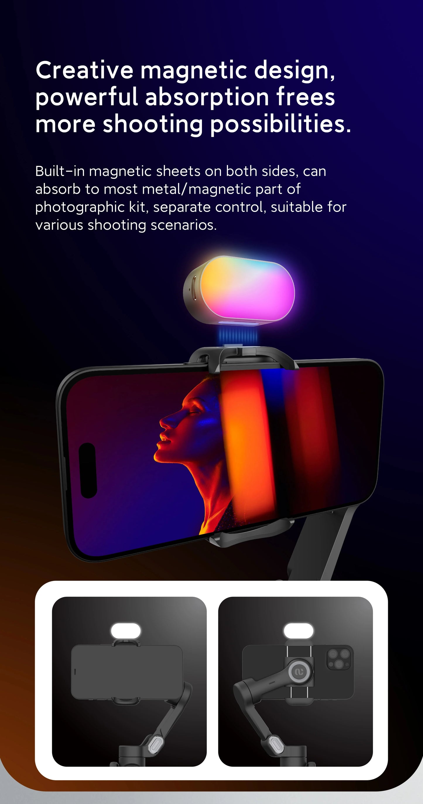 AOCHUAN RGB Magnetic Fill Light for Gimbal - LED Video Photography Light with 3 Brightness Levels & 7 Color Adjustments for Phone Selfie & Live