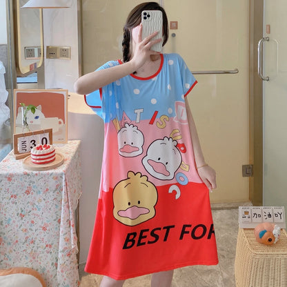 Girls’ Summer & Autumn Cartoon Nightdress – Cute Short-Sleeved Pajama Dress, Comfortable Homewear, Polyester Sleepwear