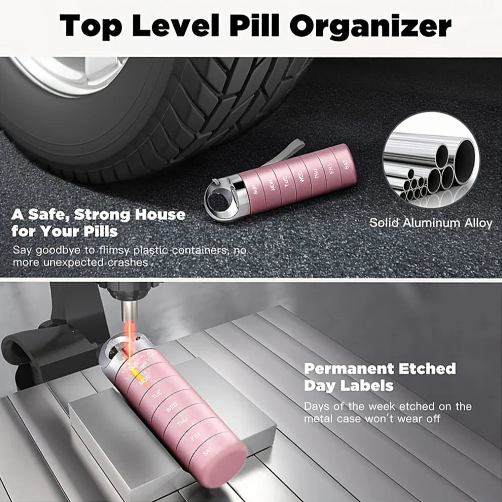 Metal Travel Pill Organizer — Portable Waterproof 7-Day Weekly Medicine Box, Large Aluminum Alloy Container