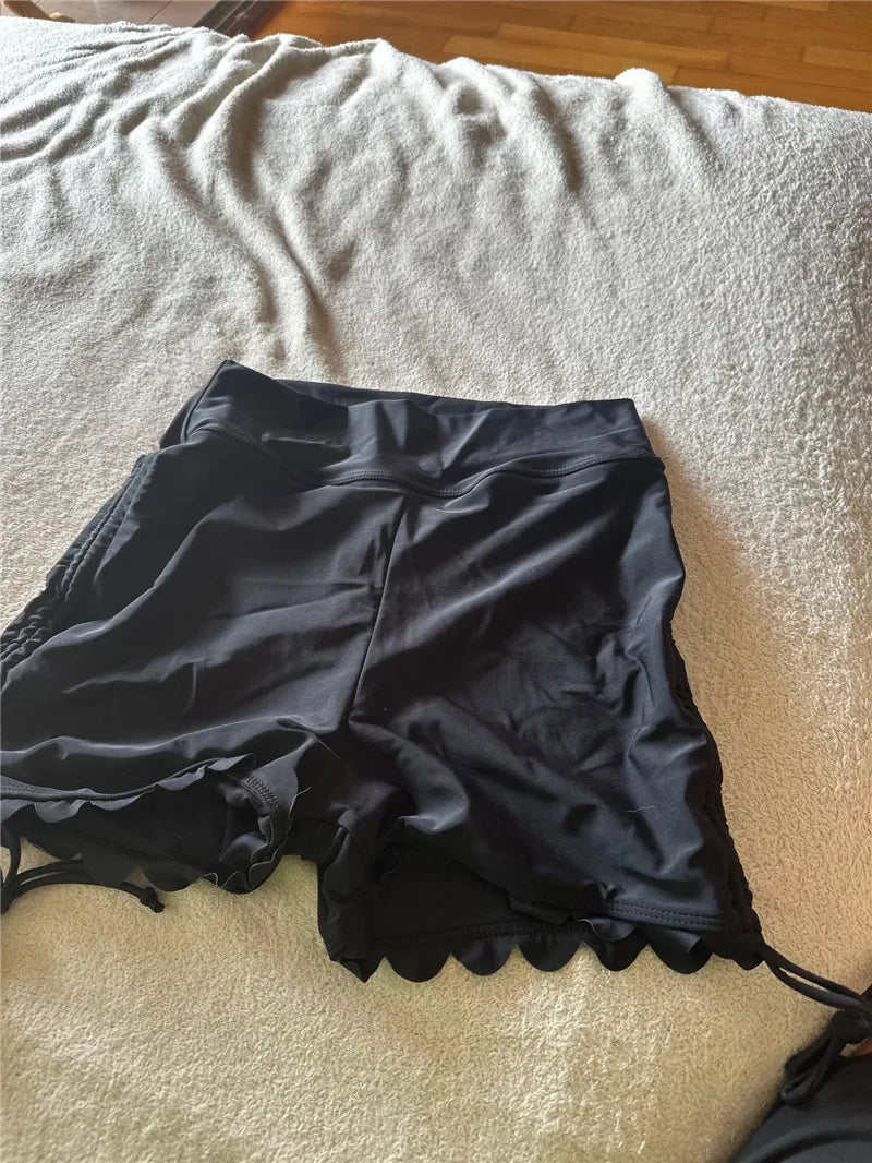 Stay Stylish by the Water with Women's High-Waist Drawstring Swim Shorts - Solid Color Summer Bathing and Surfing Bottoms for Beach-Ready Ladies