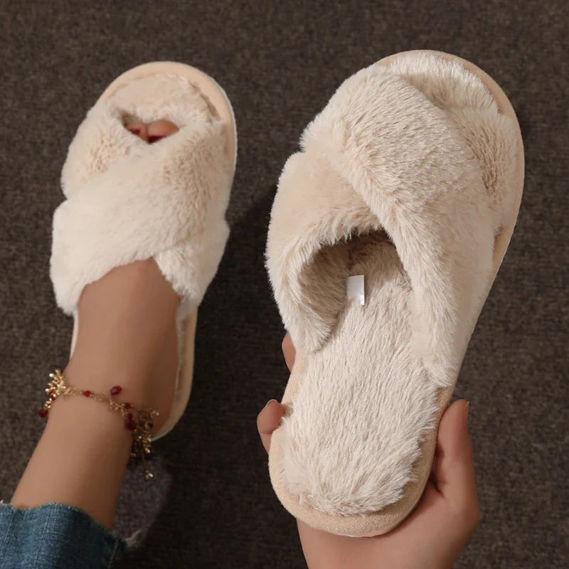 Women’s Cross Warm Fluffy Slippers – Lightweight Fur Slides with Flat Heels, Open Toe, Non-Slip Home Shoes for Autumn & Winter