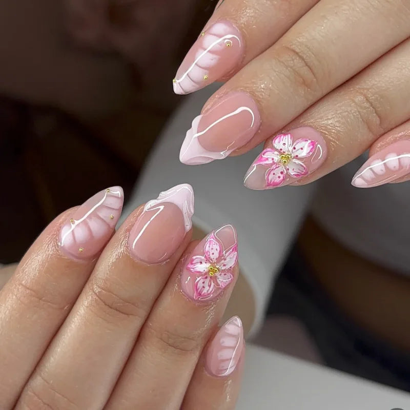 24Pcs French Press On Nails - Almond Fake Nail Tips with Glue, White Edge Design & Pink Stiletto Style Manicure Set