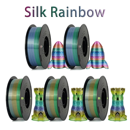 Tri-Color Dual-Color Silk Rainbow PLA Filament 1.75mm – Accurate +/-0.03mm, Compatible with Most FDM 3D Printers