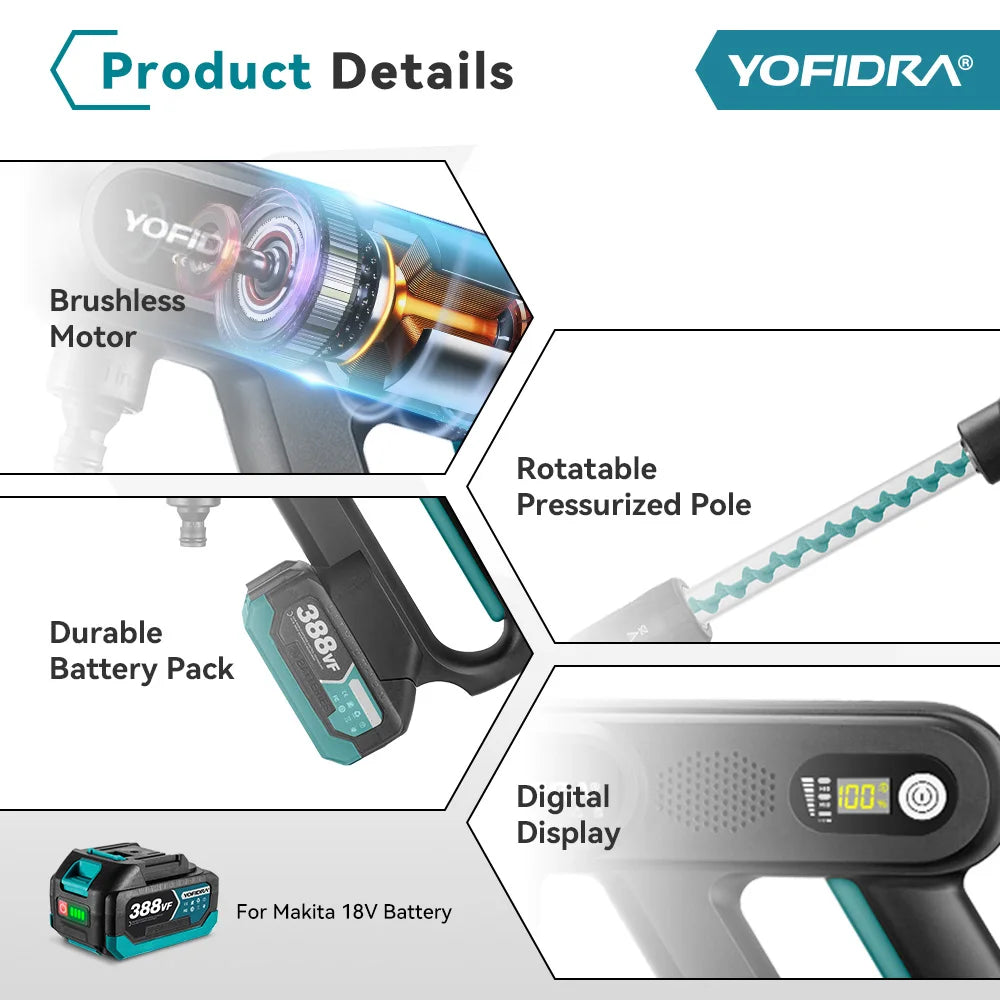 YOFIDRA 220Bar Brushless High Pressure Car Washer – 3 Gear Electric Spray Gun for Makita 18V Battery, Garden & Vehicle Cleaning