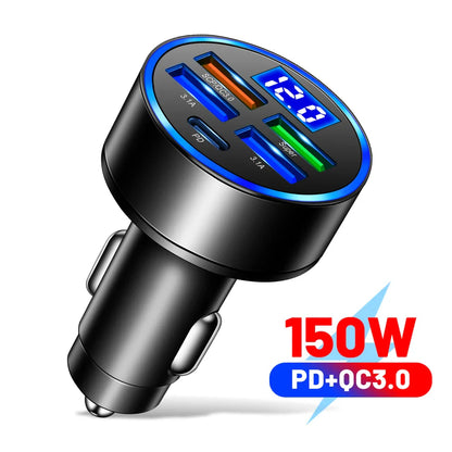 66-250W PD Car Charger – QC3.0 Fast Charge, 1-to-6 Cigarette Lighter Plug with Digital Display
