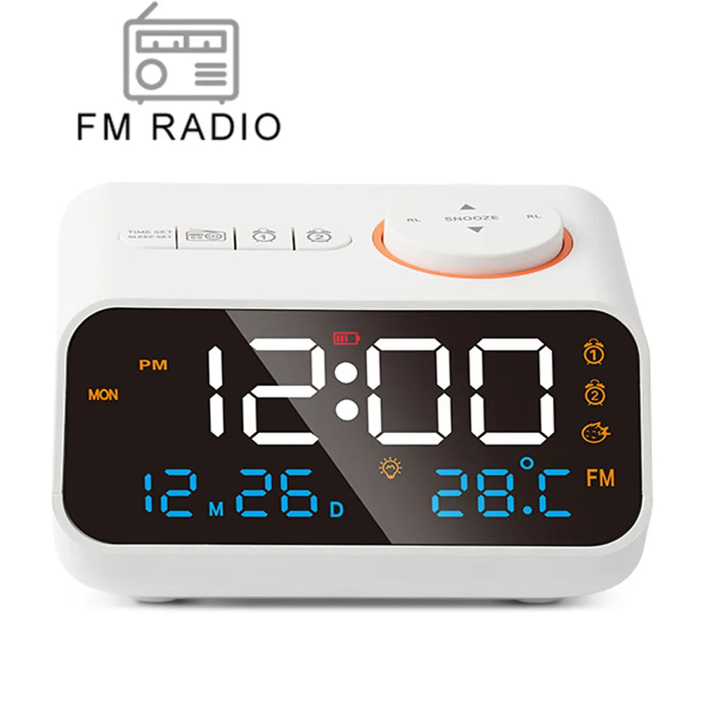 FM Radio, LED Alarm Clock, and Digital Table Calendar with Temperature, Thermometer, and Humidity Hygrometer for Bedside Bliss