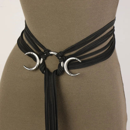 Bohemian PU Waist Belt - Vintage Moon Tassel Woven Tie Belt for Women