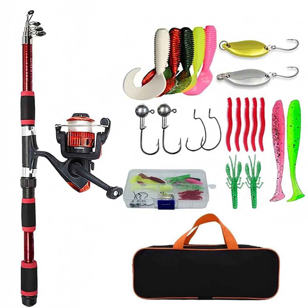 Fishing Pole Set – Full Kit with Telescopic Rod, Spinning Reel, Baits & Hooks, Portable Travel Fishing Gear
