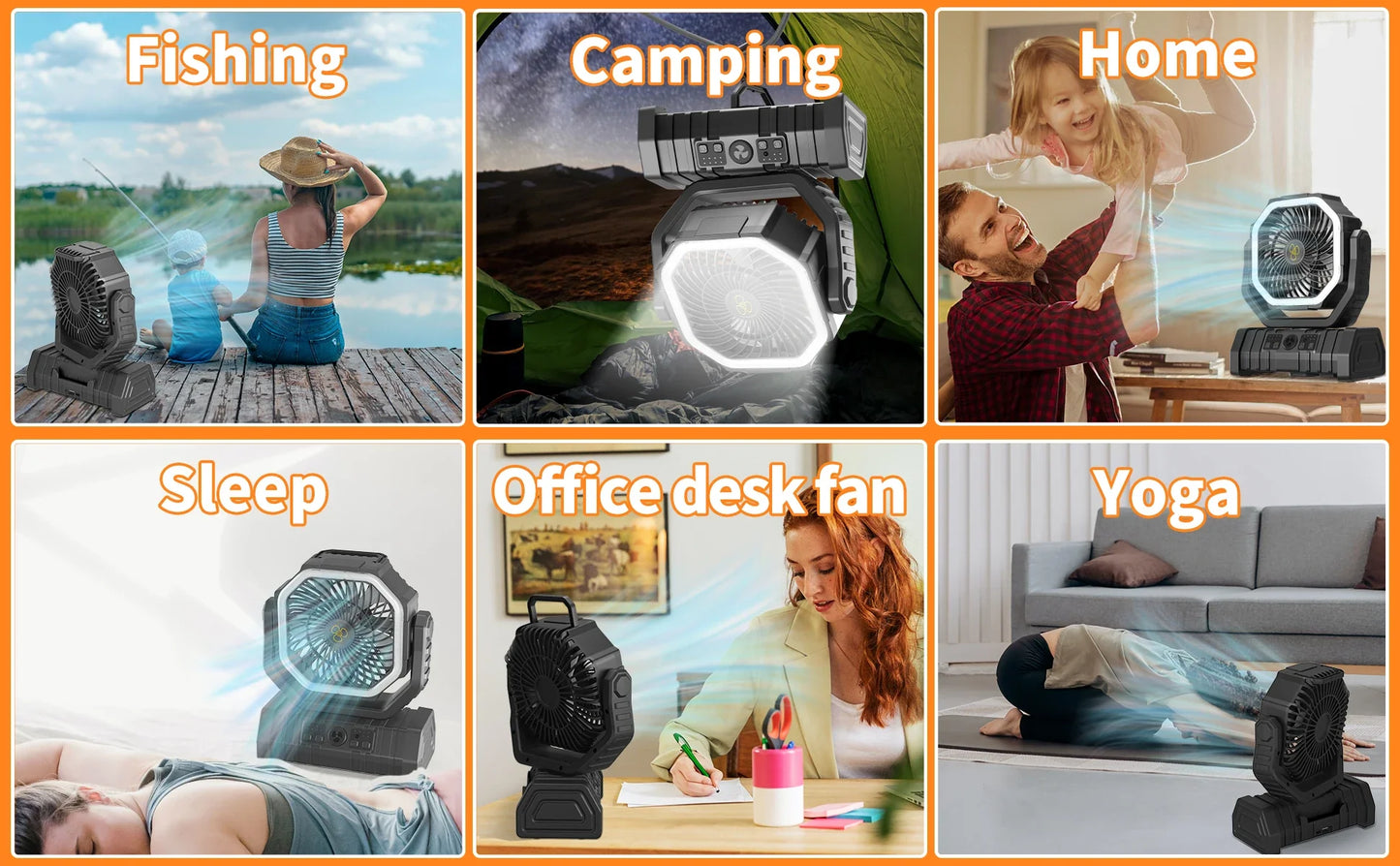 20000mAh / 10000mAh USB Rechargeable Camping Fan — Portable Wireless Air Circulator with 270° Rotating Head & Hook