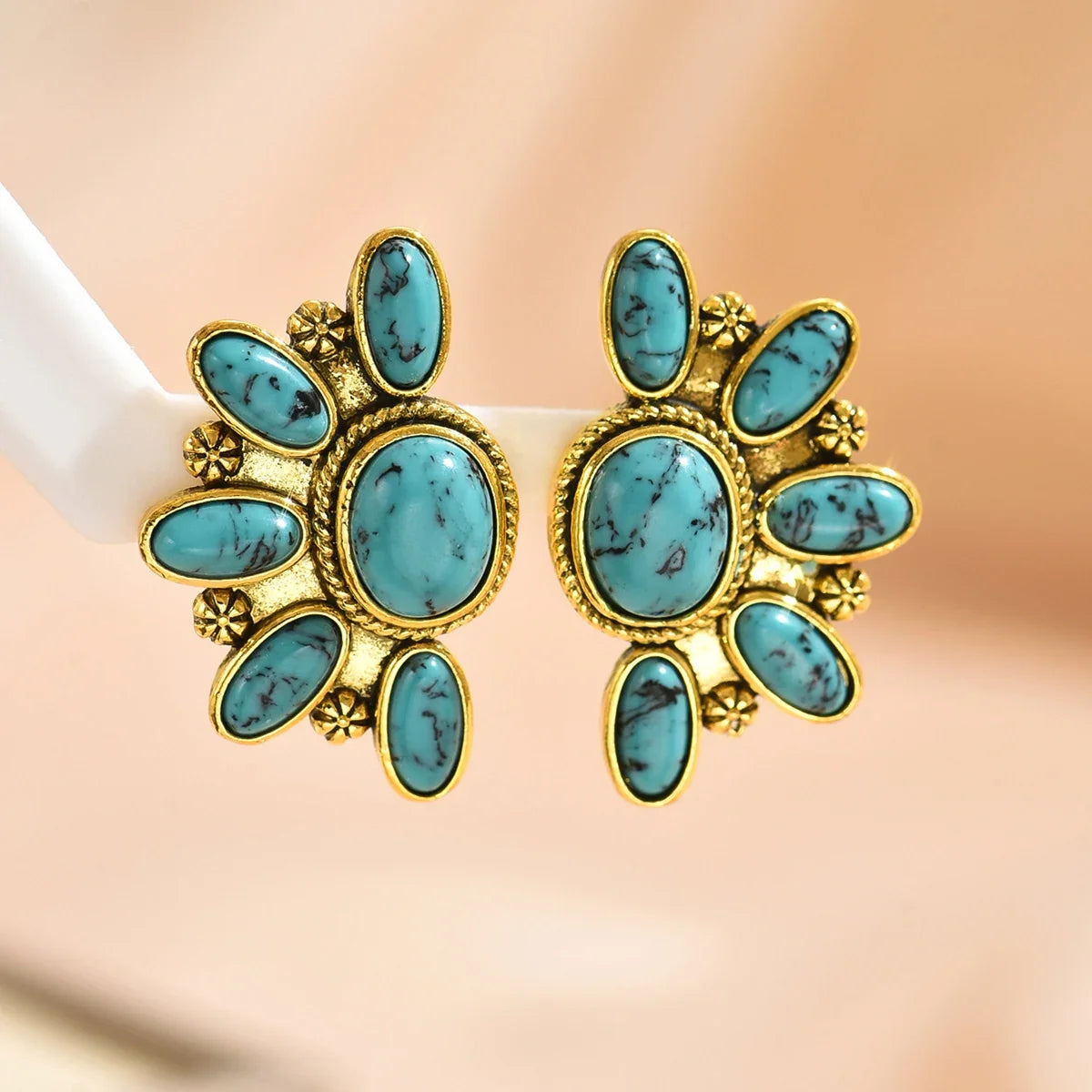 Vintage Tribal Gemstone Earrings - Women's Ethnic Style Rose Red Blue Fashion Jewelry Gift