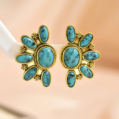 Vintage Tribal Gemstone Earrings - Women's Ethnic Style Rose Red Blue Fashion Jewelry Gift