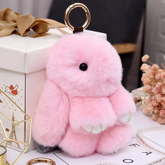 Fluffy Rabbit Fur Pompon Keychain – Cute Bunny Bag and Car Key Ring for Women and Girls