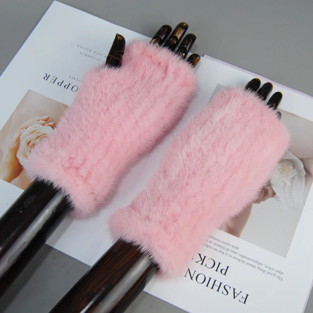 Women’s Winter Mink Fur Gloves – 100% Natural Fingerless Knitted Mittens for Warmth