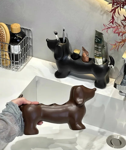 Dachshund Ceramic Toothbrush Holder – Electric Toothbrush Storage Rack and Bathroom Sink Organizer with Toothpaste Holder