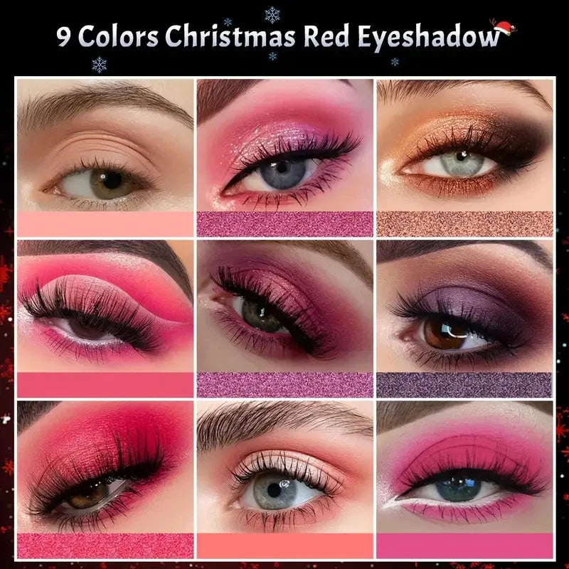 9-Grid Red Eyeshadow Palette – Purple Glitter, Pearlescent Matte & Shimmer Long-Lasting Eye Makeup for Women