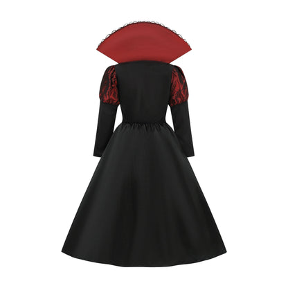 Girls Vampire Queen Costume - Black & Red Vintage Long Dress with Collar for Halloween & Cosplay