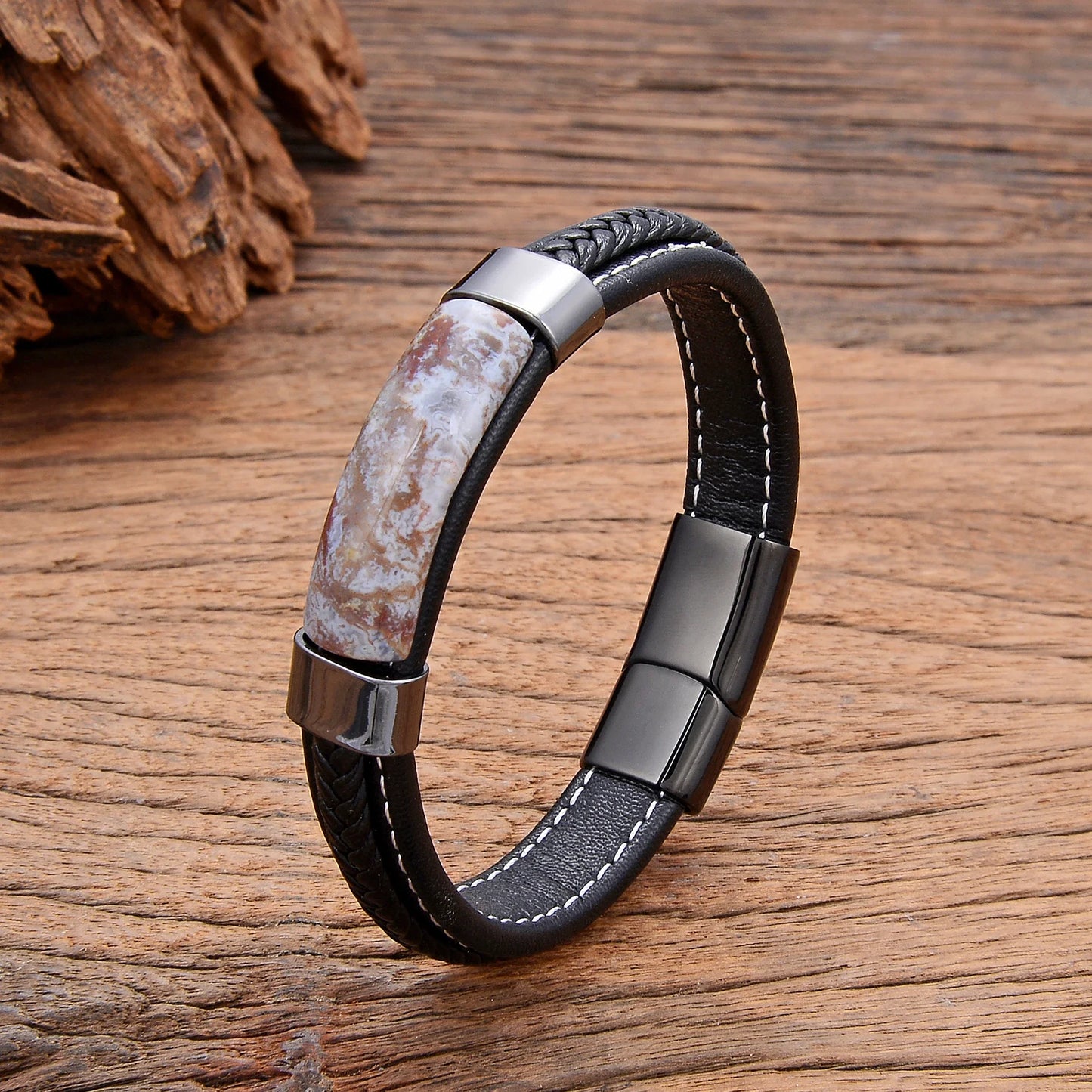 Natural Hematite & Pink Tiger Eye Stone Bracelet – Handmade Braided Leather Men’s Jewelry Bangle 2022