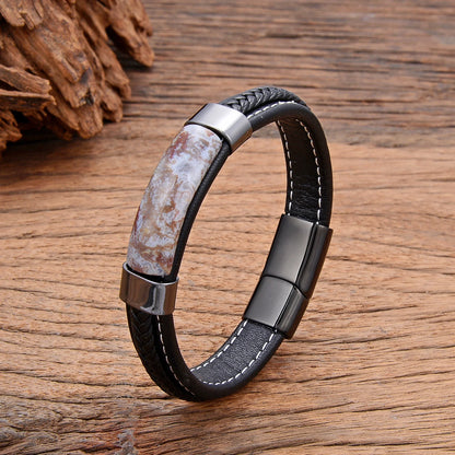 Natural Hematite & Pink Tiger Eye Stone Bracelet – Handmade Braided Leather Men’s Jewelry Bangle 2022