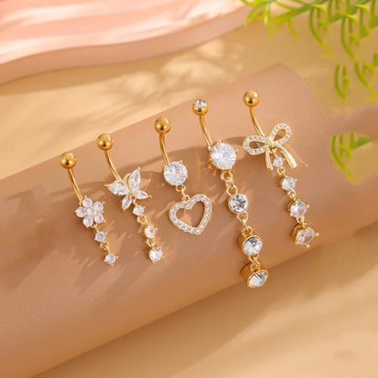5PCS Belly Button Ring Set – 14G Curved Navel Piercing with Butterfly & Heart Charms, Body Jewelry for Women & Girls