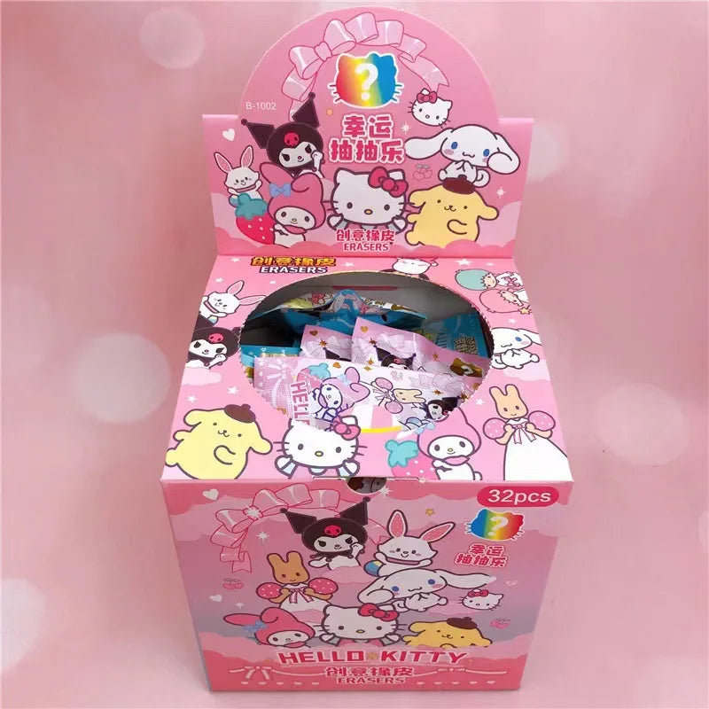 32pcs Blind Box Cartoon Erasers — Cute Kitty, My Melody & Kuromi KT Cat Mystery Box, Fun Stationery for Students & Birthday Gifts