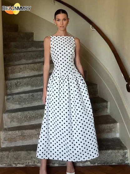 Elegant Women’s Polka Dot Maxi Dress – Chic Sleeveless Round Neck High Waist Slim Fit Vestido for Party & Street, 2025 New