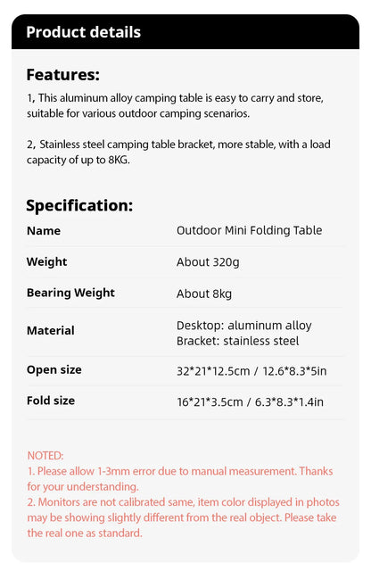 Portable Foldable Camping Table – Ultralight MDF Mini Coffee Table for Outdoor Hiking & Picnic Use