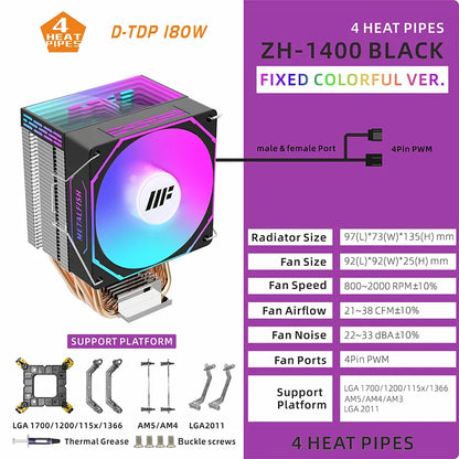 METALFISH ZH1400 ARGB CPU Cooler – 4 Heat Pipes PWM Silent Fan for Intel LGA1700/1200/115X & AMD AM5/AM4 High Performance Cooling