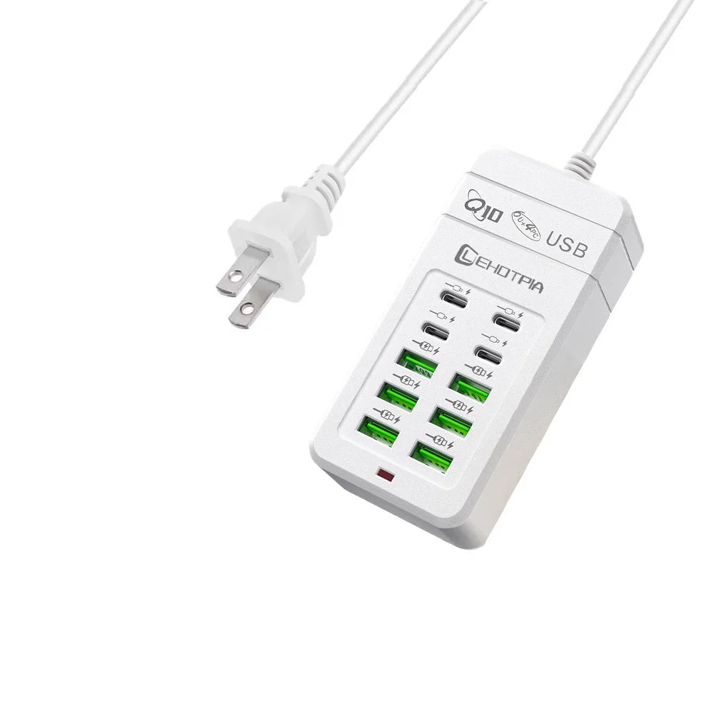 Multi-Port USB Fast Charger - EU UK US Plug 10-Port Power Adapter with 6 USB-A & 4 USB-C Ports Cable