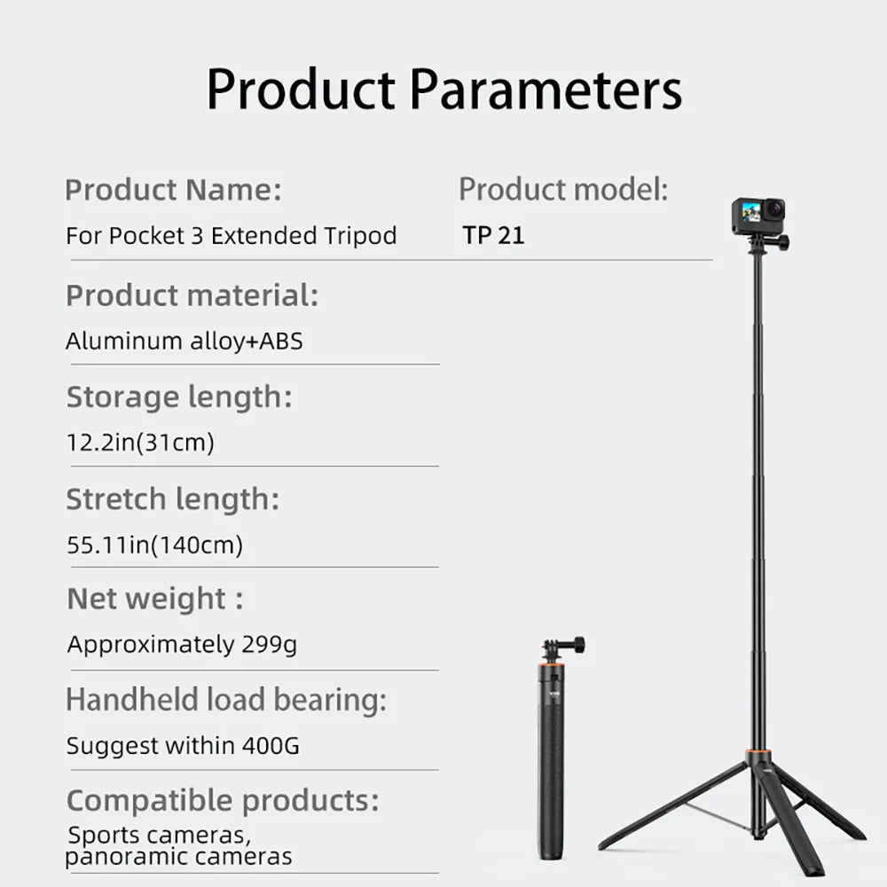 1.38M Selfie Stick Tripod – Adjustable Extension Holder for DJI Action 4, Pocket 3, GoPro, Insta360, DSLR & Phone Photography