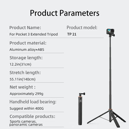 1.38M Selfie Stick Tripod – Adjustable Extension Holder for DJI Action 4, Pocket 3, GoPro, Insta360, DSLR & Phone Photography
