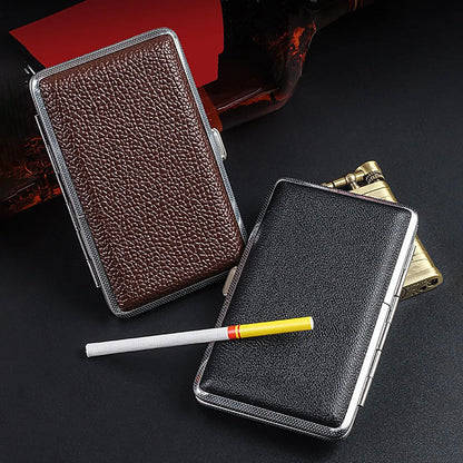 Portable Leather Cigarette Case - 20-Stick Slim Metal Frame Holder for Cigarettes and Cigars