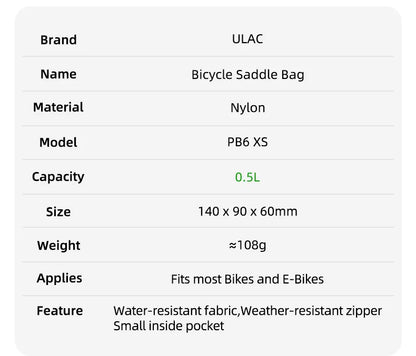 ULAC 0.5L Waterproof Bicycle Saddle Bag — Mini Shockproof MTB Seatpost Rear Pack Tail Pouch