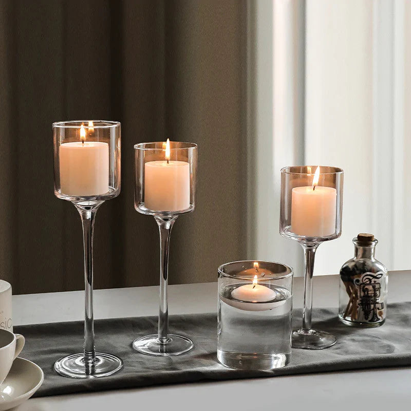Modern Light Luxury High-Footed Glass Candle Holders – Transparent Wedding Props & Romantic Candle Lights