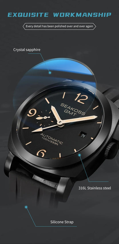 SEAKOSS GMT Men’s Diving Automatic Mechanical Watch — 10ATM Waterproof, 1963 Original 2557 Movement, Calendar, Sapphire Crystal