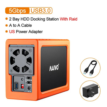 MAIWO 3.5 Inch HDD Case – Dual Bay SATA RAID Storage Enclosure & Docking Station for 2.5/3.5 Inch External Hard Drives