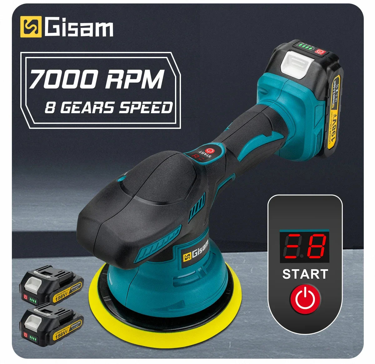 Gisam 8-Gear Digital Cordless Car Polisher — Electric Auto Waxing & Polishing Machine Compatible with Makita 18V Battery