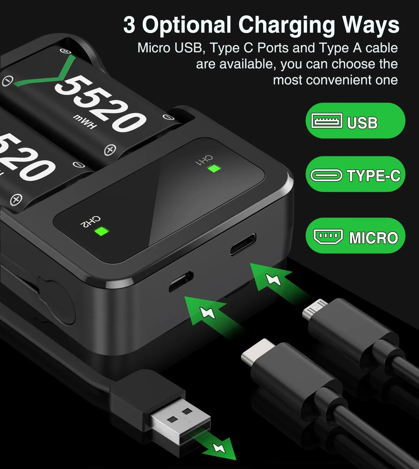 BEBONCOOL 2X 5520mWh Rechargeable Battery Pack – Compatible with Xbox Series S/X, Xbox One S/X & Elite Controller Charger