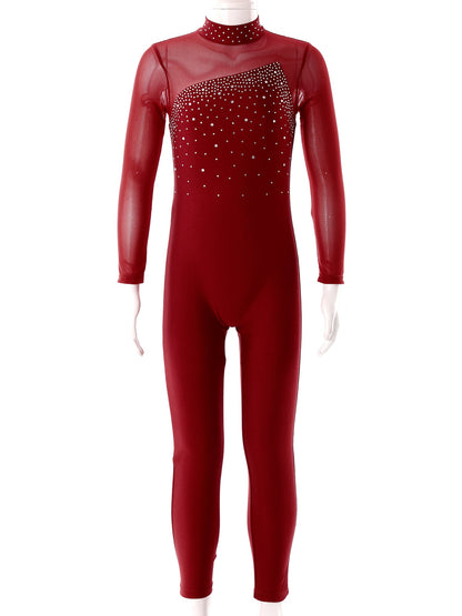 Kids Girls Long Sleeve Rhinestone Bodysuit — Full Body Dancewear Gymnastics Leotard Skating Jumpsuit