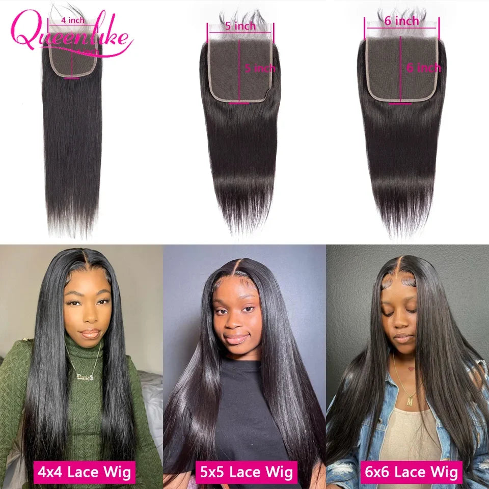 Queenlike Straight Human Hair Bundles With Lace Closure - Brazilian Weave 30 40 Inch 5x5 6x6 13x4 Frontal Hair Extensions