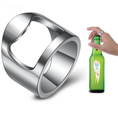 Stainless Steel Bottle Opener Ring - Finger Ring Corkscrew for Beer Cans - Cool Bar and Kitchen Gadget Gift