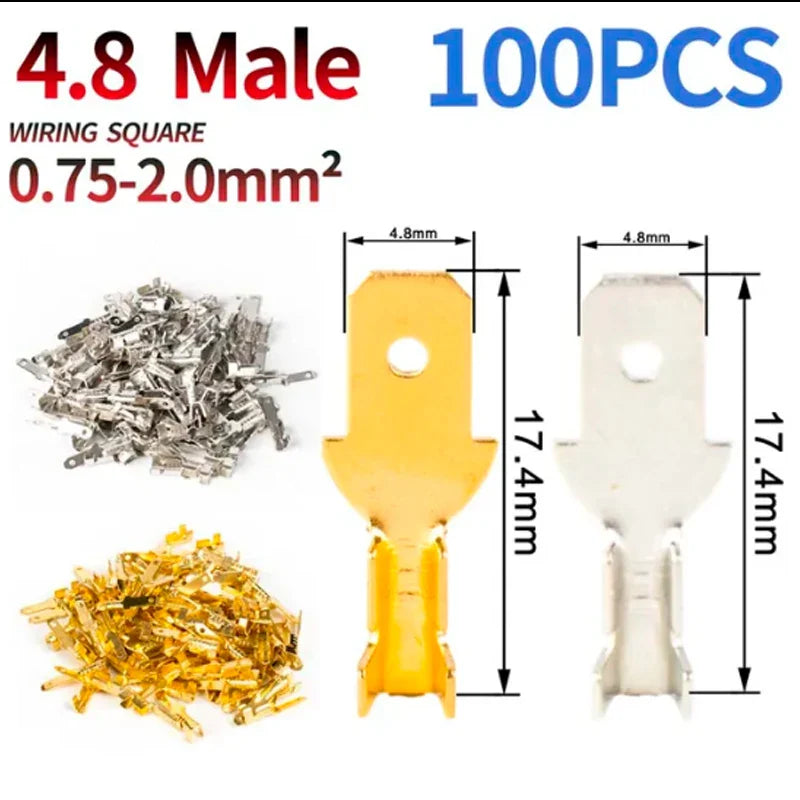 100PCS 2.8/4.8/6.3mm Male & Female Crimp Terminal Connectors – Gold & Silver Wire Connectors for Car & Electronics