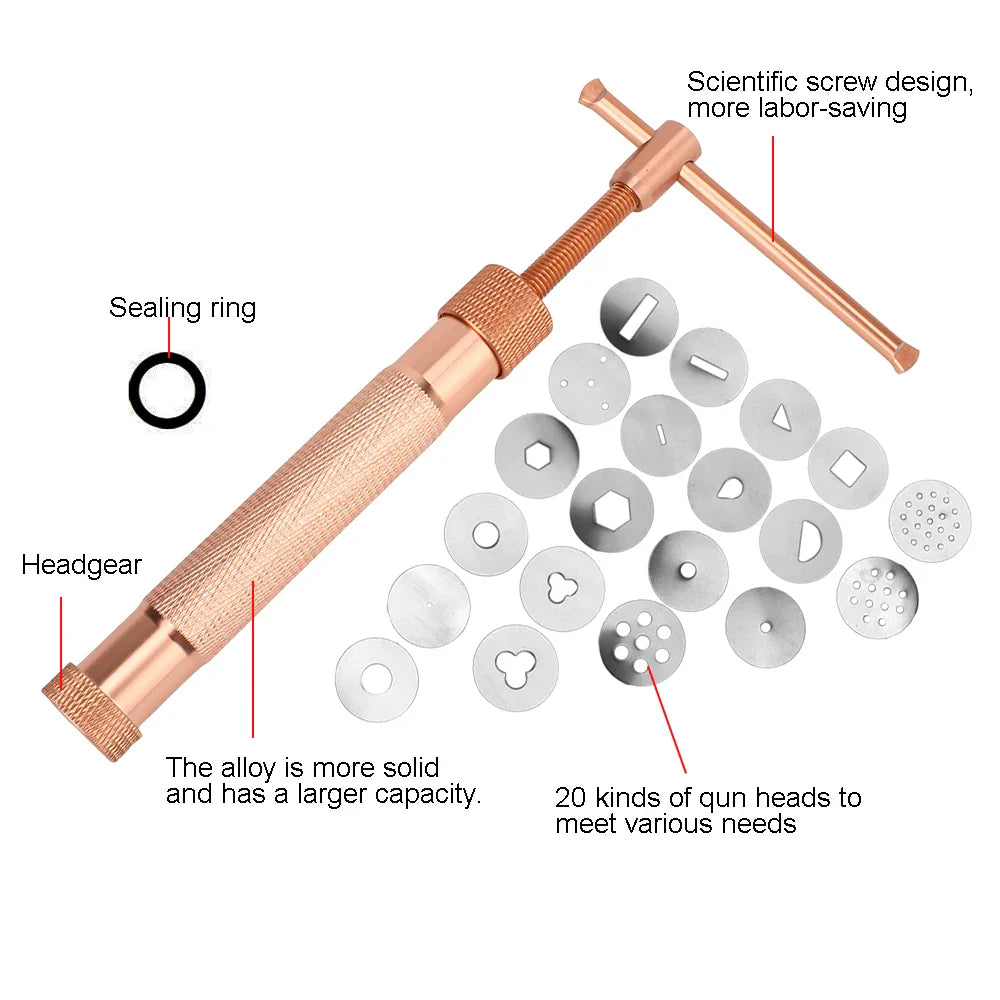 Cake Sculpture Clay Tool Gun – Rose Gold Fondant Extruder with 20 Tips for Sugar Paste Craft