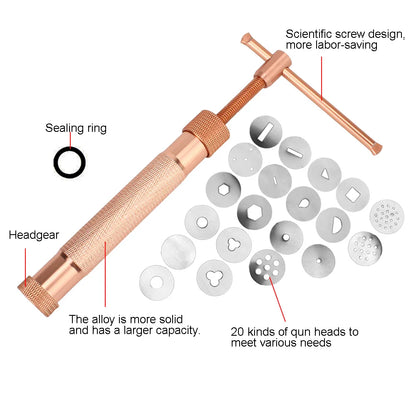 Cake Sculpture Clay Tool Gun – Rose Gold Fondant Extruder with 20 Tips for Sugar Paste Craft