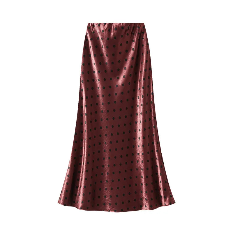 Seoulish Women’s Vintage Polka Dot Satin Mermaid Skirt – High Waist Midi Length Casual Spring Summer Fashion Skirt 2026