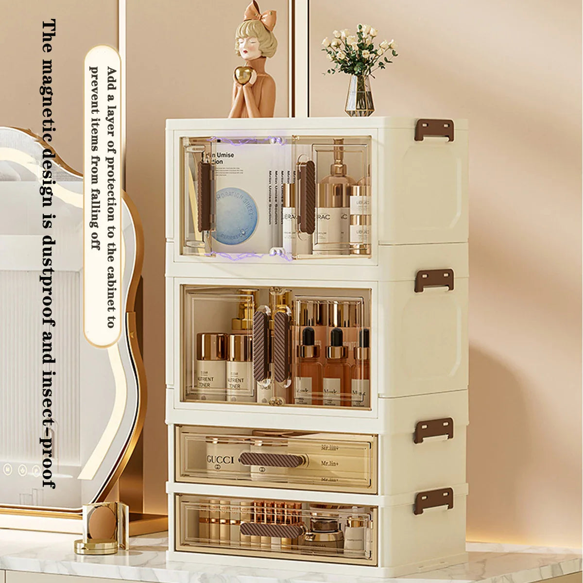 Foldable Transparent Cosmetic Organizer — Multi-Layer Drawer-Style Desktop Beauty Storage Box, Dustproof Makeup Organizer