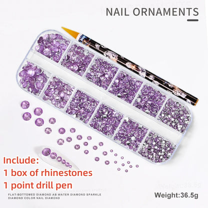 12-Grid 3D Glass AB Crystal Nail Art Rhinestones Kit – Flatback Round Beads with Tools for Nail Jewelry & Diamond Decoration